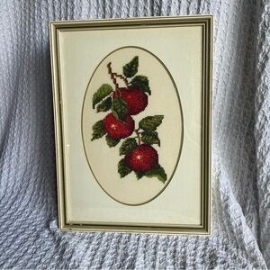 Vintage Needlepoint Apple wall hanging handmade crewel artwork embroidery
